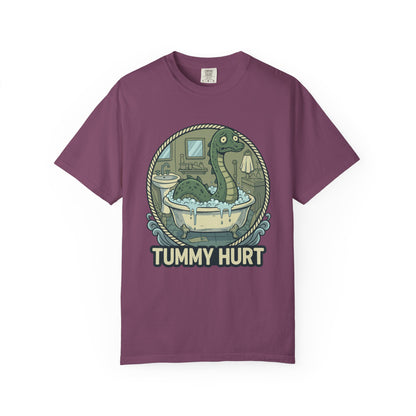 Tummy Hurt Loch Ness Monster bathing in tub T-Shirt | Funny Nessie Illustration