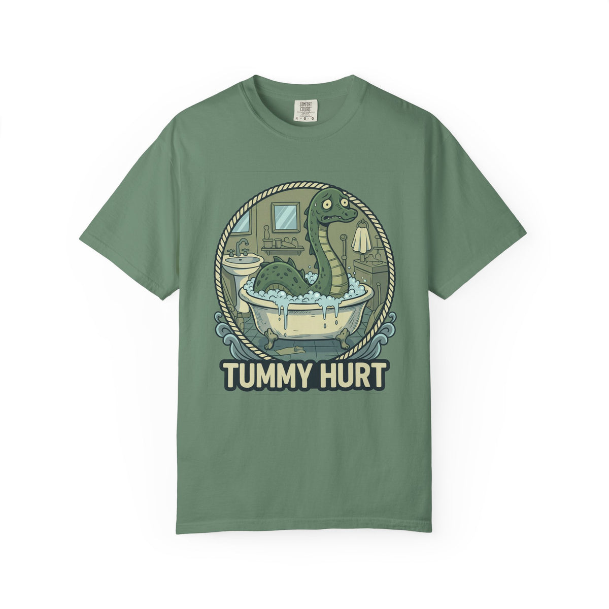 Tummy Hurt Loch Ness Monster bathing in tub T-Shirt | Funny Nessie Illustration