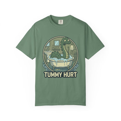 Tummy Hurt Loch Ness Monster bathing in tub T-Shirt | Funny Nessie Illustration