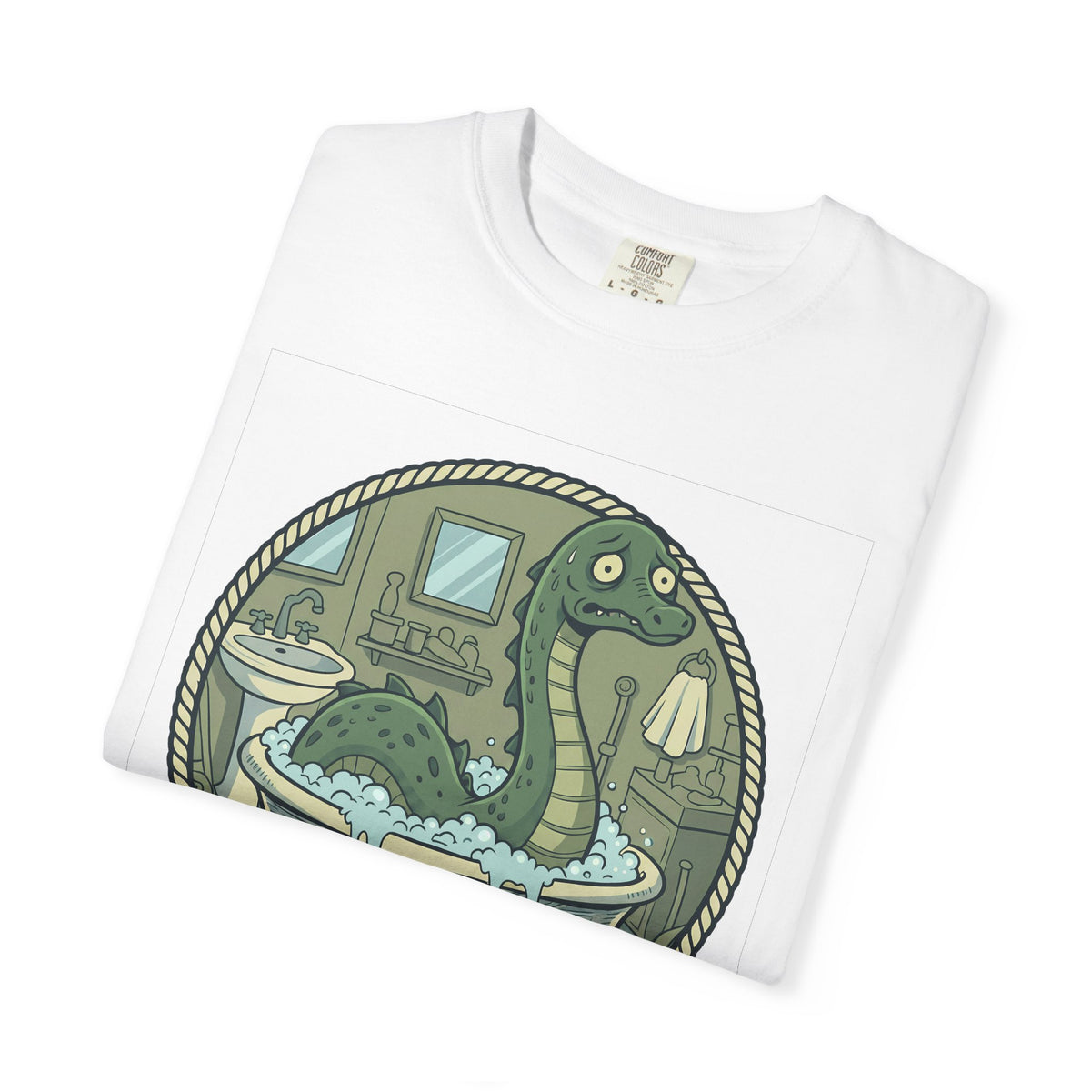 Tummy Hurt Loch Ness Monster bathing in tub T-Shirt | Funny Nessie Illustration