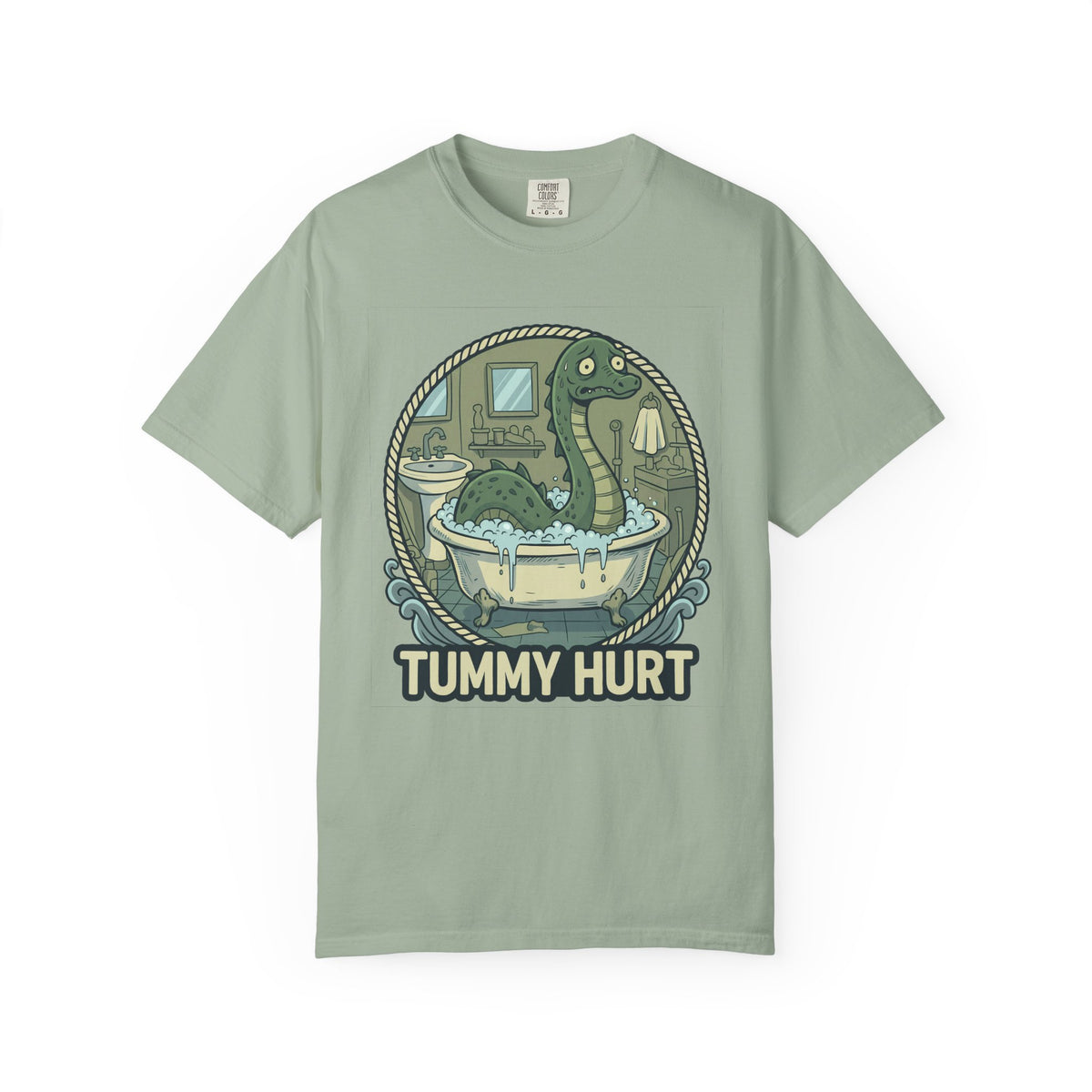 Tummy Hurt Loch Ness Monster bathing in tub T-Shirt | Funny Nessie Illustration
