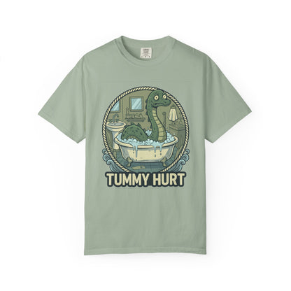Tummy Hurt Loch Ness Monster bathing in tub T-Shirt | Funny Nessie Illustration