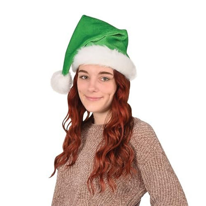 Beistle Green Santa Hat with White Trim – Christmas Themed Cap, Dress-Up Costume Accessory, Winter Party Supplies, Kris Kringle Holiday Headwear, Seasonal Festival