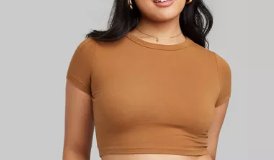 Wild Fable Ladies Cropped Areca Fruit Brown Crew Neck Shortsleeve Tee, Size S