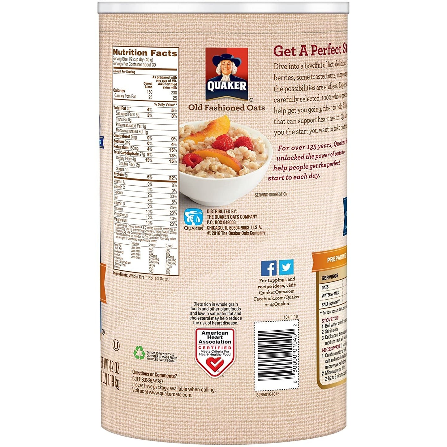 Quaker Oats Old Fashioned, 42 oz (Pack of 4)