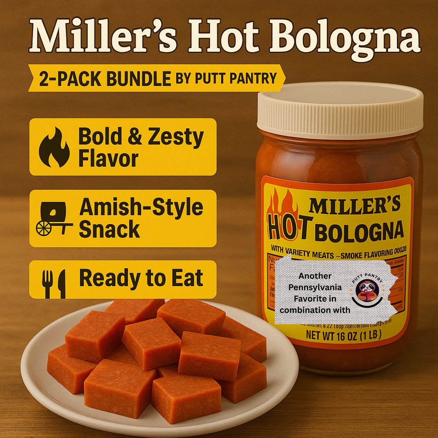 Miller’s Hot Bologna – 2-Pack Bundle by Putt Pantry – Zesty Pickled Bologna Sausage in a Hot Pepper Vinegar Brine – Amish-Style Snack, Ready to Eat, 16 oz Each