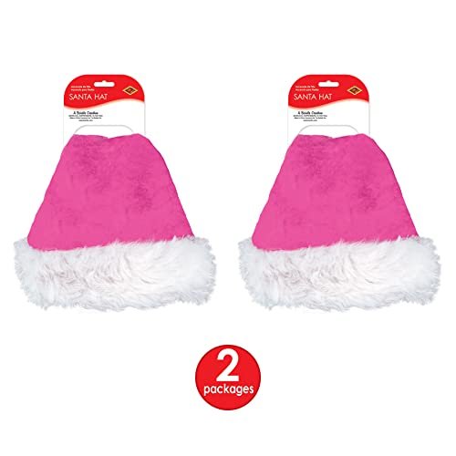 Beistle Cerise Pink Santa Hats with White Trim, 2 Pieces – Christmas Themed Caps, Dress-Up Costume Accessories, Winter Party Supplies, Kris Kringle Holiday Headwear, Seasonal Festivities