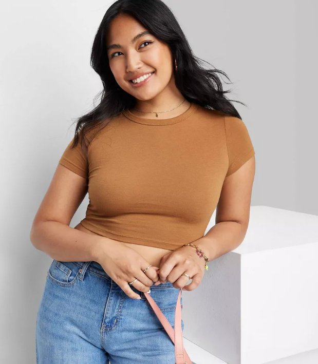 Wild Fable Ladies Cropped Areca Fruit Brown Crew Neck Shortsleeve Tee, Size S