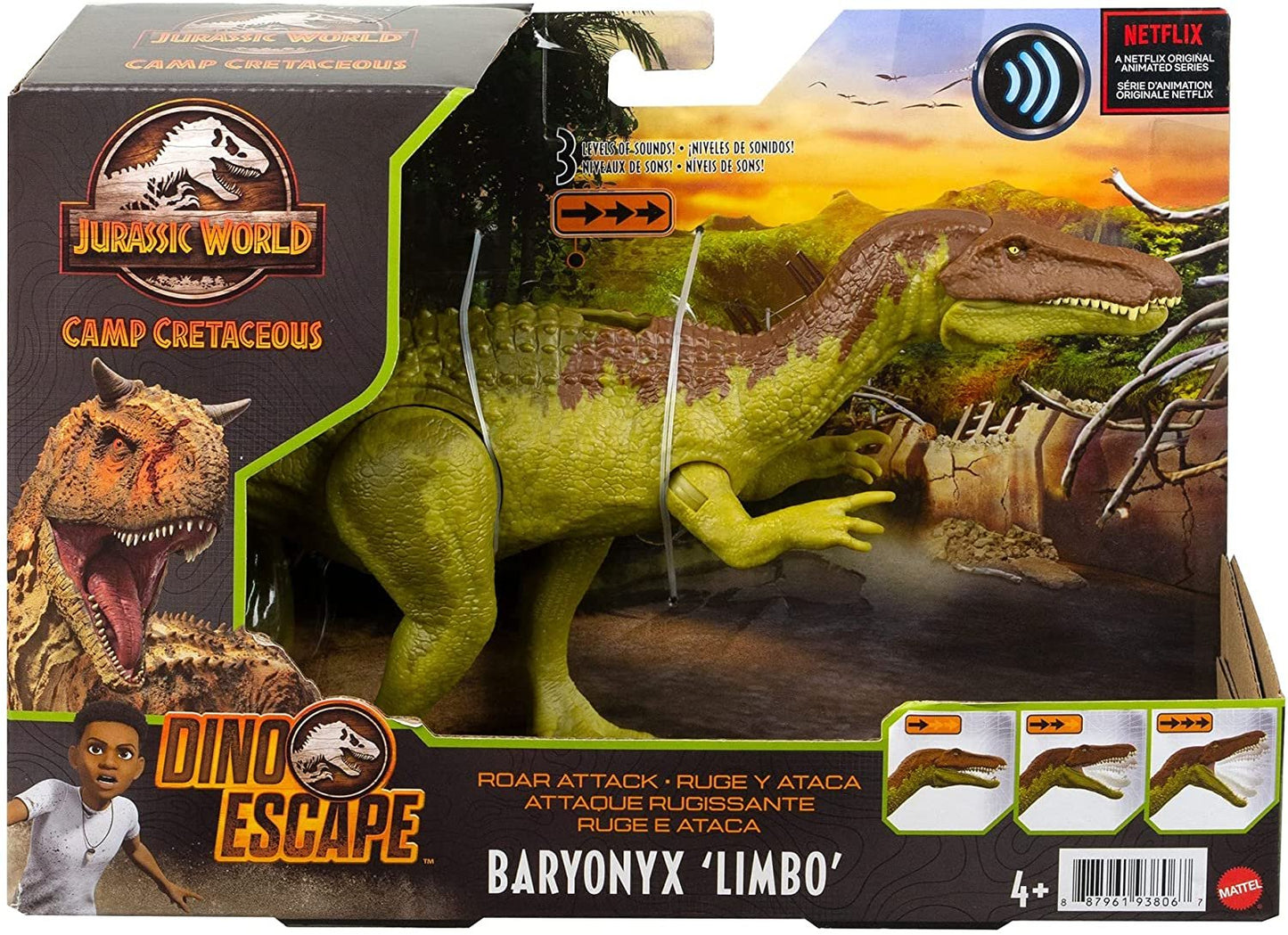 Jurassic World Roar Attack Baryonyx Limbo Camp Cretaceous Dinosaur Figure with Movable Joints, Realistic Sculpting, Strike Feature & Sounds, Carnivore, Kids Gift 4 Years & Up
