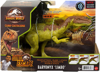 Jurassic World Roar Attack Baryonyx Limbo Camp Cretaceous Dinosaur Figure with Movable Joints, Realistic Sculpting, Strike Feature & Sounds, Carnivore, Kids Gift 4 Years & Up