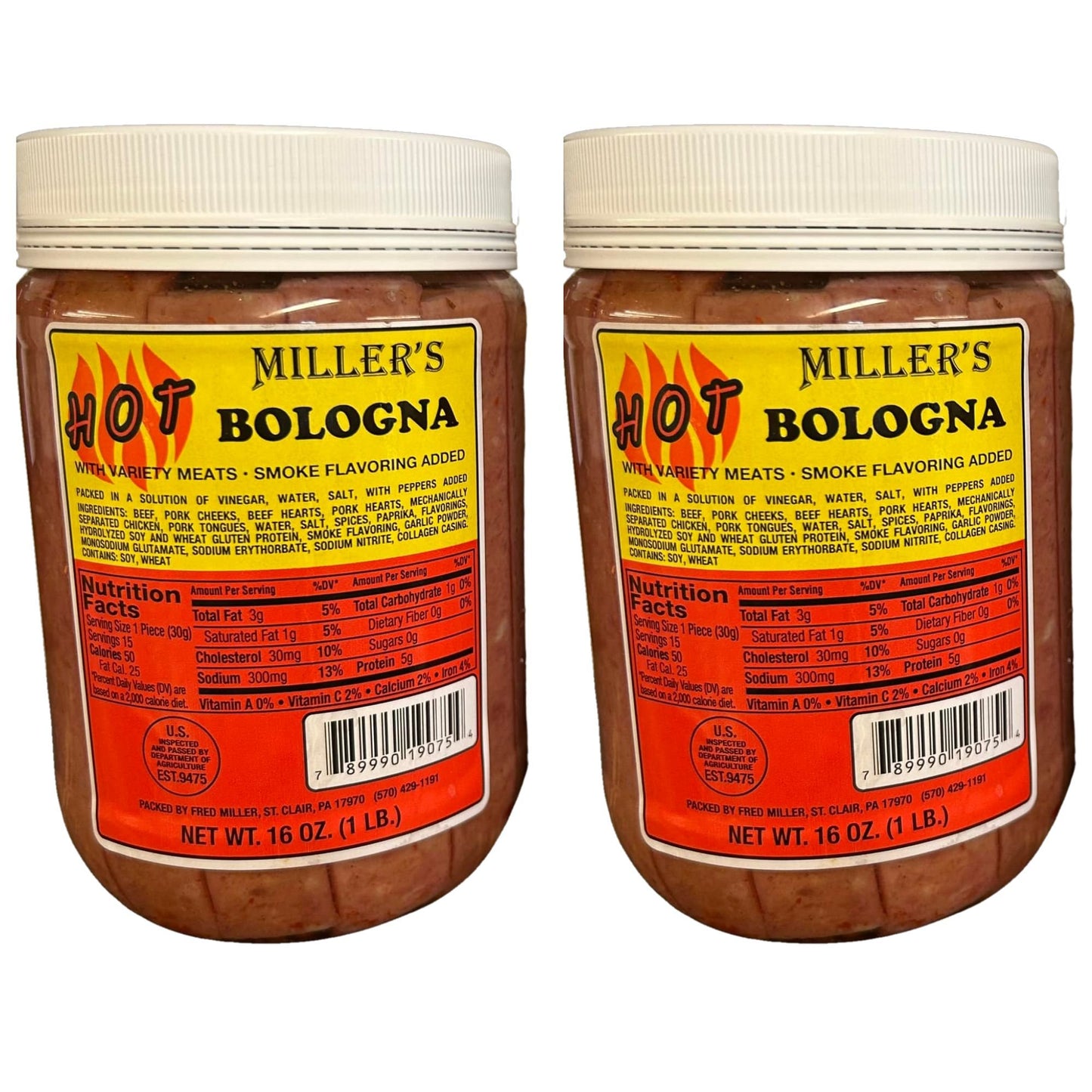 Miller’s Hot Bologna – 2-Pack Bundle by Putt Pantry – Zesty Pickled Bologna Sausage in a Hot Pepper Vinegar Brine – Amish-Style Snack, Ready to Eat, 16 oz Each