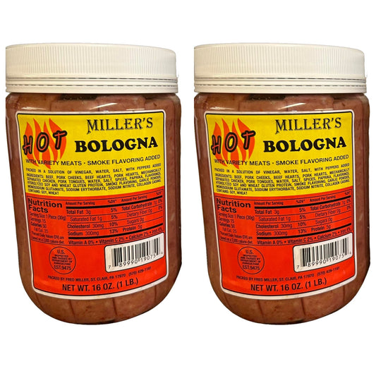 Miller’s Hot Bologna – 2-Pack Bundle by Putt Pantry – Zesty Pickled Bologna Sausage in a Hot Pepper Vinegar Brine – Amish-Style Snack, Ready to Eat, 16 oz Each