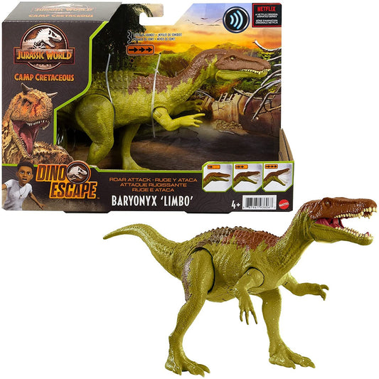 Jurassic World Roar Attack Baryonyx Limbo Camp Cretaceous Dinosaur Figure with Movable Joints, Realistic Sculpting, Strike Feature & Sounds, Carnivore, Kids Gift 4 Years & Up