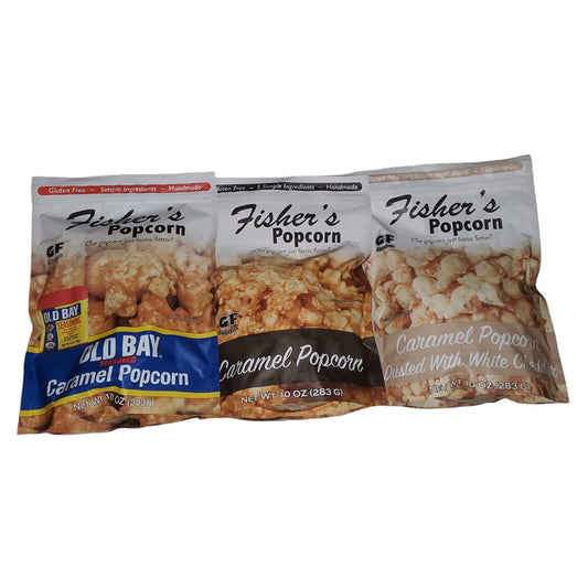 Gluten Free Popcorn 3 pack Bundle | Fisher's Old Bay Caramel 10 oz | Fisher's Caramel Popcorn 10 oz | Fisher's White Cheddar Caramel Popcorn |Zero Trans Fat