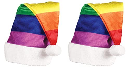 Beistle Unisex Plush Rainbow Santa Hats, 2 Pieces – Multicolored Christmas Themed Caps, Dress-Up Costume Accessories, Winter Party Supplies, Kris Kringle Holiday Headwear, Seasonal Festivities