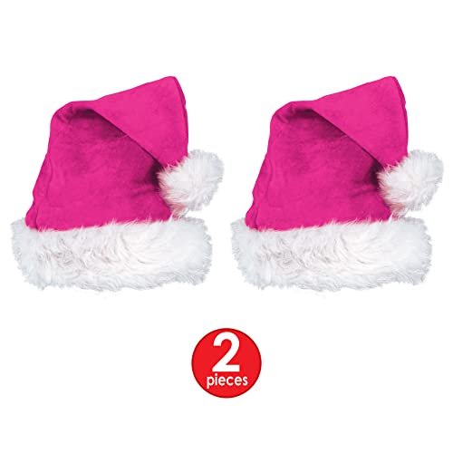 Beistle Cerise Pink Santa Hats with White Trim, 2 Pieces – Christmas Themed Caps, Dress-Up Costume Accessories, Winter Party Supplies, Kris Kringle Holiday Headwear, Seasonal Festivities