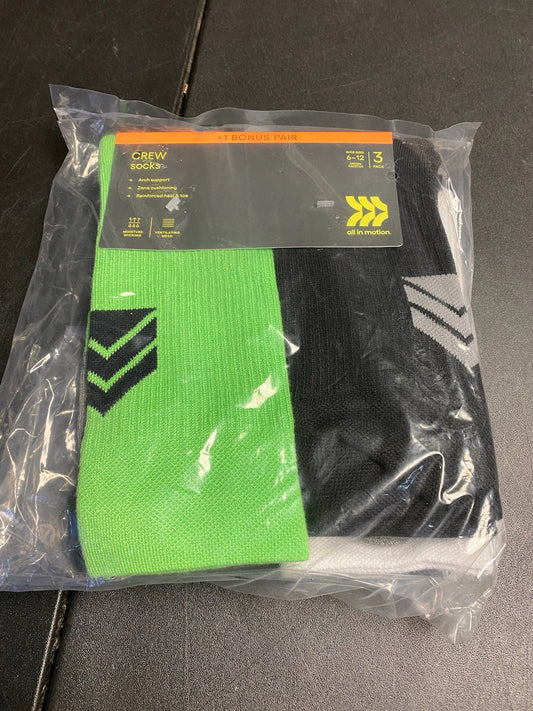 All In Motion Crew Socks 4 pack Green/Black/Gray/White Size 6-12