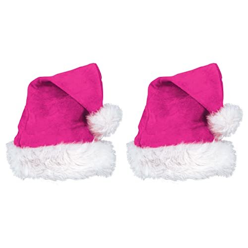 Beistle Cerise Pink Santa Hats with White Trim, 2 Pieces – Christmas Themed Caps, Dress-Up Costume Accessories, Winter Party Supplies, Kris Kringle Holiday Headwear, Seasonal Festivities
