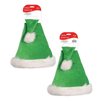 Beistle Green Santa Hat with White Trim – Christmas Themed Cap, Dress-Up Costume Accessory, Winter Party Supplies, Kris Kringle Holiday Headwear, Seasonal Festival