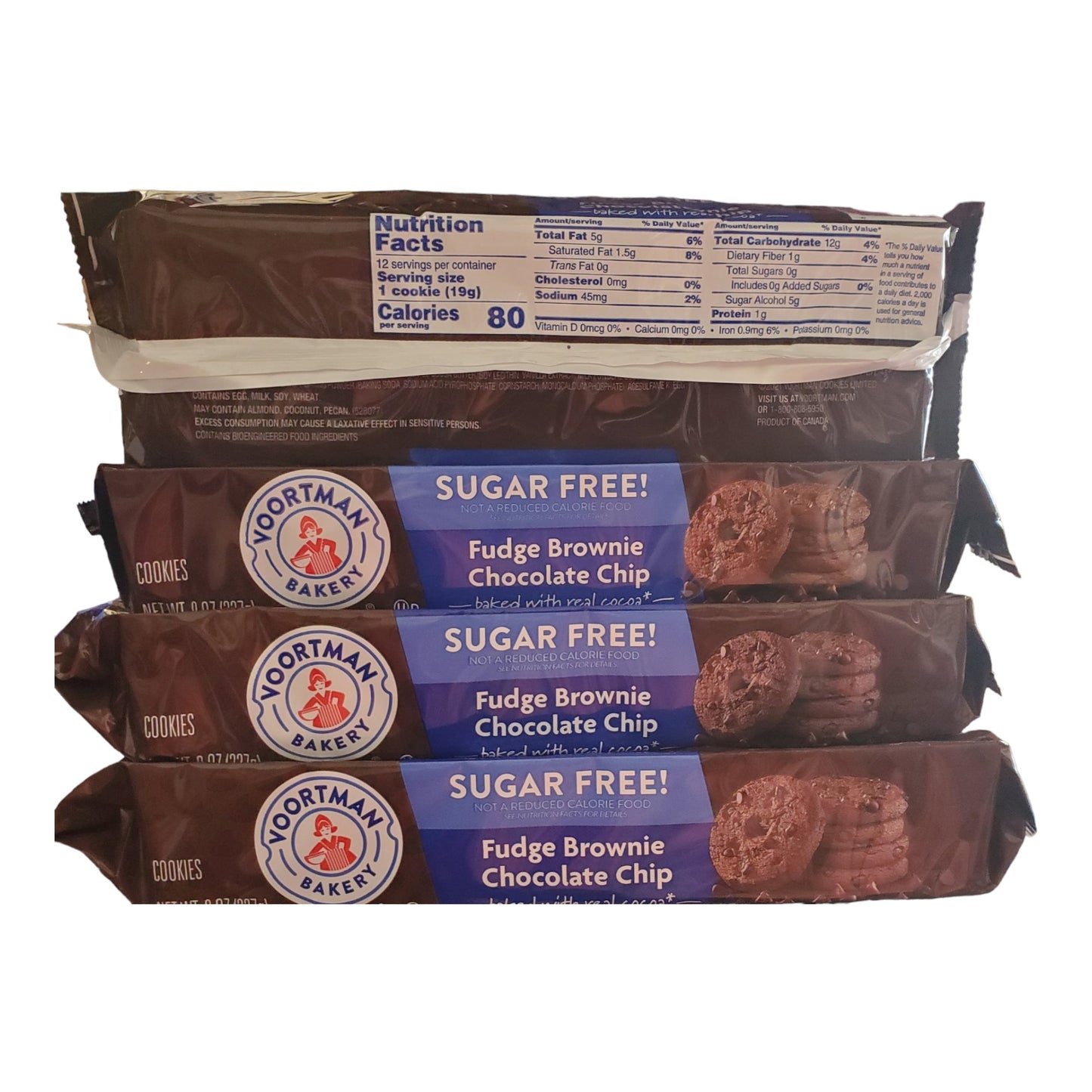 Voortman Bakery Sugar Free Fudge Brownie Chocolate Chip Cookies, Pack of 4, Contains Real Cocoa
