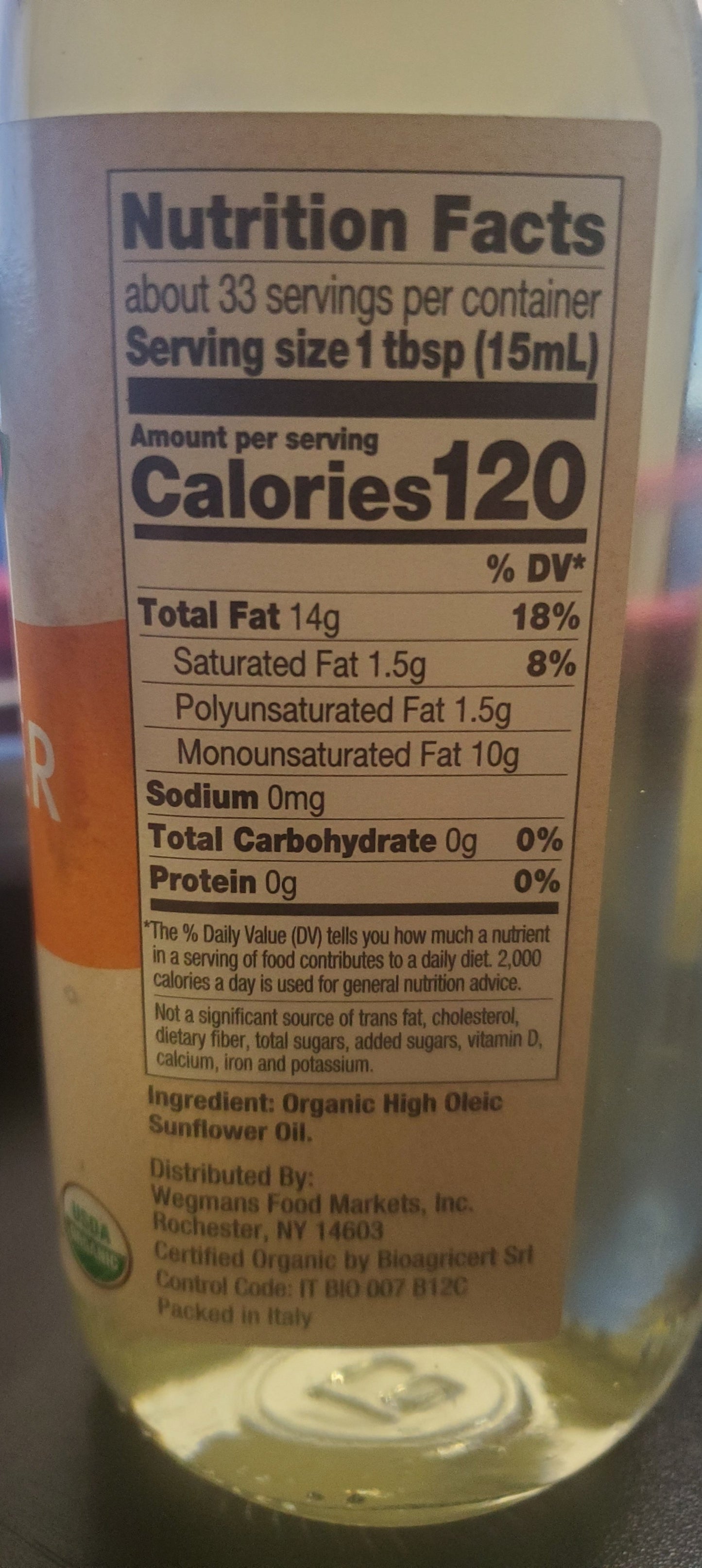 Wegman's Organic Sunflower Oil, 16.9 Fl Oz, Pack of 2, Cooking, Frying, Expeller Pressed, High Oleic
