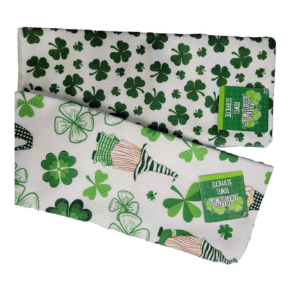 Putt Pantry St. Patricks Day Gnome Decor Bundle, 2 Decorative St Patty Kitchen Towels, Set of Gnome Salt and Pepper Shakers, 1 lb of Milk Chocolate Mint Truffles, packaged by Putt Pantry in a Wire Basket.