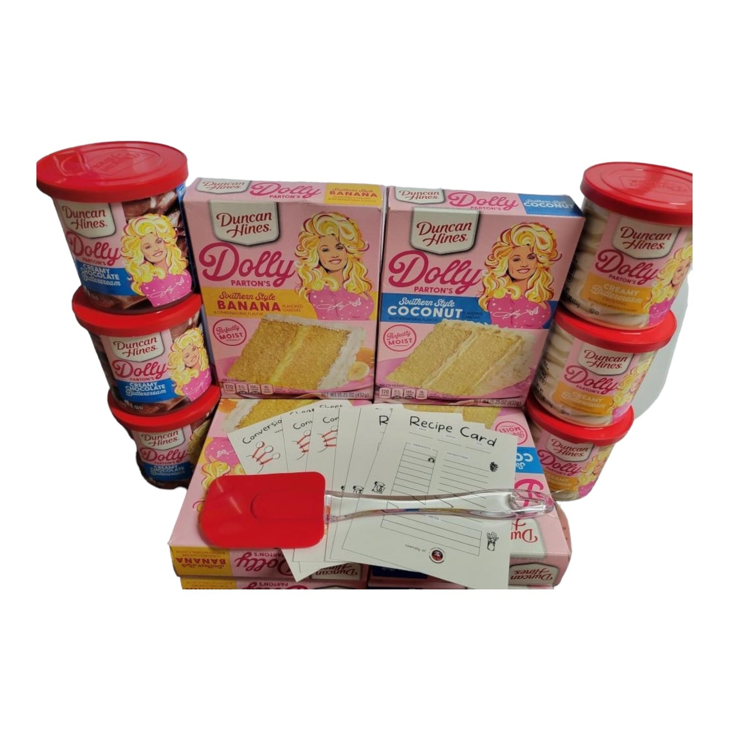 Duncan Hines Dolly Parton Cake 6 PACK, 3 boxes 15.25 oz of Dolly Parton Southern Style Banana cake mix, 3 boxes 15.25 oz of Dolly Parton Southern Style Coconut cake mix, 3 containers 16 oz each of Dolly Partons Creamy Chocolate Buttercream Icing, 3...