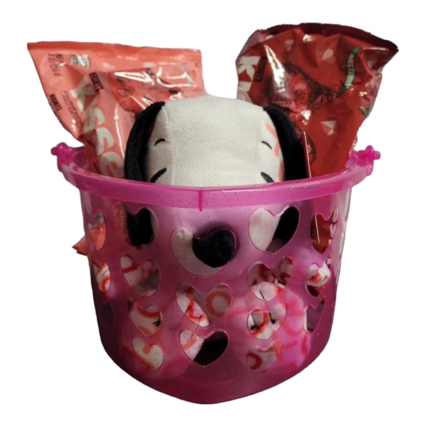 Valentines's Day Snoopy Bundle Basket. 1 plush Heart Snoopy, 1 9 oz bag Hershey's Chocolate Dipped Strawberry Kisses, 1 8.8 oz bag of Hershey's Pink Cookies N' Creme Hearts, with Heart Shaped Basket