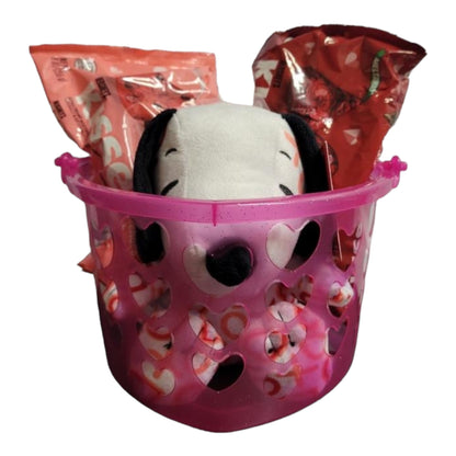 Valentines's Day Snoopy Bundle Basket. 1 plush Heart Snoopy, 1 9 oz bag Hershey's Chocolate Dipped Strawberry Kisses, 1 8.8 oz bag of Hershey's Pink Cookies N' Creme Hearts, with Heart Shaped Basket
