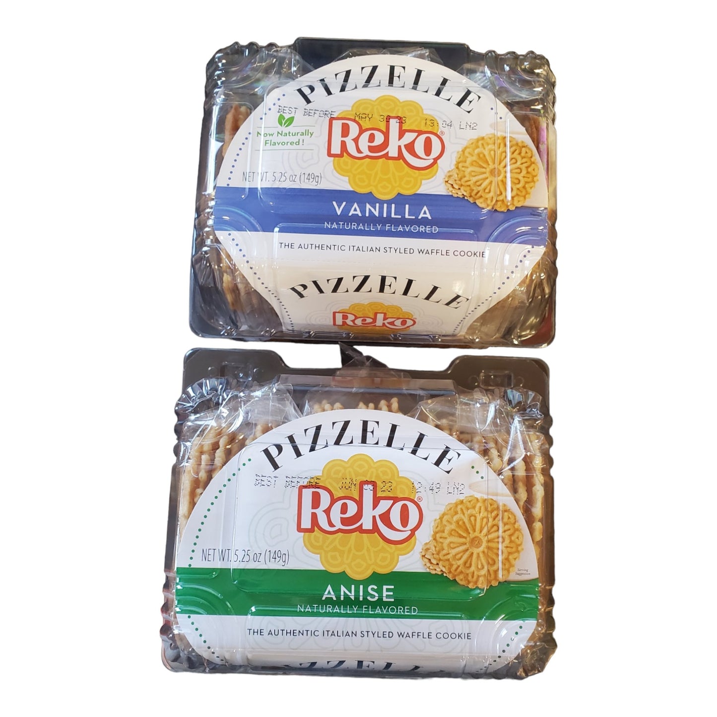 Reko Pizzelle Authentic Italian Style Waffle Cookies Anise and Vanilla, 2 pack. 1 5.25 oz pack of Anise cookies, 1 5.25 oz pack of Vanilla cookies