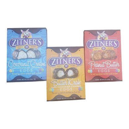 Zitner's Chocolate Eggs Variety Pack: Cocoanut Cream, Peanut Butter, Butter Krak, 8 Eggs, 3 Count 9 oz. Boxes, 1 box of Each Flavor