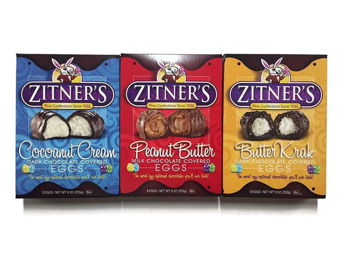 Zitner's Chocolate Eggs Variety Pack: Cocoanut Cream, Peanut Butter, Butter Krak, 8 Eggs, 3 Count 9 oz. Boxes, 1 box of Each Flavor