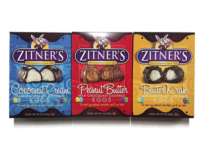 Zitner's Chocolate Eggs Variety Pack: Cocoanut Cream, Peanut Butter, Butter Krak, 8 Eggs, 3 Count 9 oz. Boxes, 1 box of Each Flavor