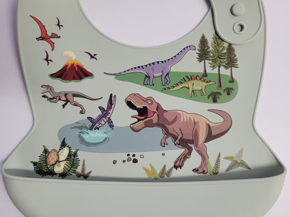Waterproof Silicone Bibs 4 Pack. 4 Silicone Bibs with food catchers, Ocean World, Jurassic, Wild Animal, Space.