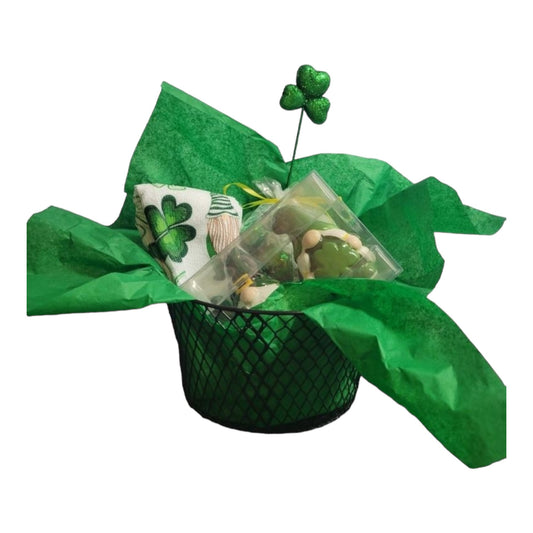 Putt Pantry St. Patricks Day Gnome Decor Bundle, 2 Decorative St Patty Kitchen Towels, Set of Gnome Salt and Pepper Shakers, 1 lb of Milk Chocolate Mint Truffles, packaged by Putt Pantry in a Wire Basket.