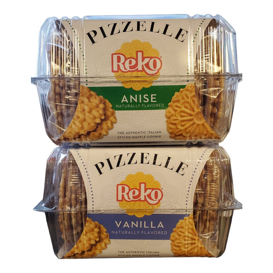 Reko Pizzelle Authentic Italian Style Waffle Cookies Anise and Vanilla, 2 pack. 1 5.25 oz pack of Anise cookies, 1 5.25 oz pack of Vanilla cookies