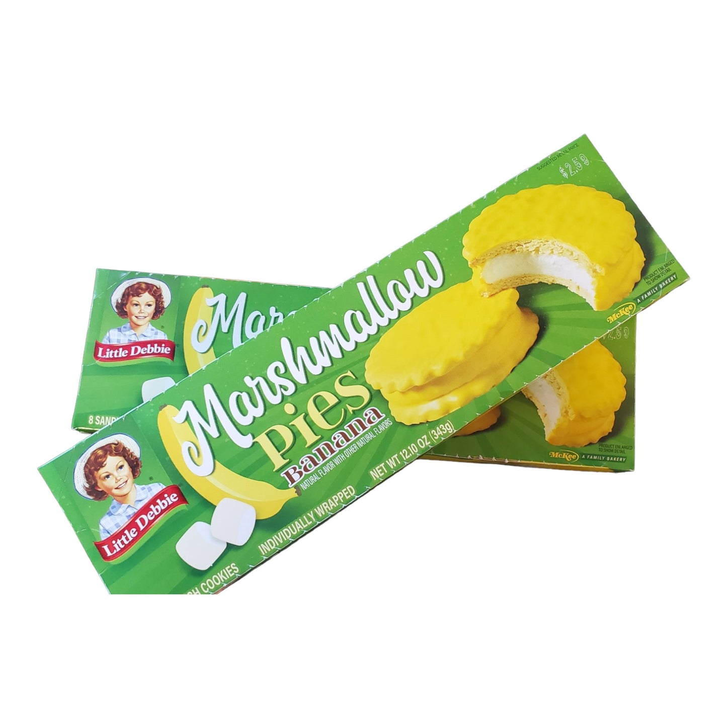 Little Debbie Banana Marshmallow Pies, 2 boxes 12.10 oz each, 8 sandwhich cookies each, 16 pies total