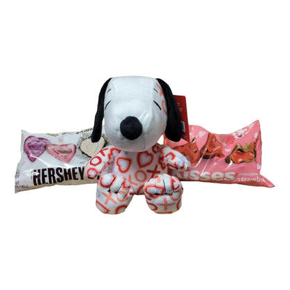 Valentines's Day Snoopy Bundle Basket. 1 plush Heart Snoopy, 1 9 oz bag Hershey's Chocolate Dipped Strawberry Kisses, 1 8.8 oz bag of Hershey's Pink Cookies N' Creme Hearts, with Heart Shaped Basket