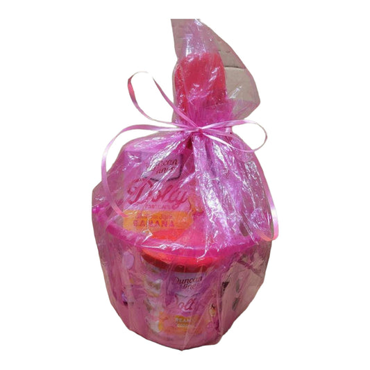 Dolly Parton Cake Gift Bundle for Valentine's Day, 1 15.25 oz box of cake mix, 1 16 oz container of frosting, 1 spatula, and a heart shaped basket