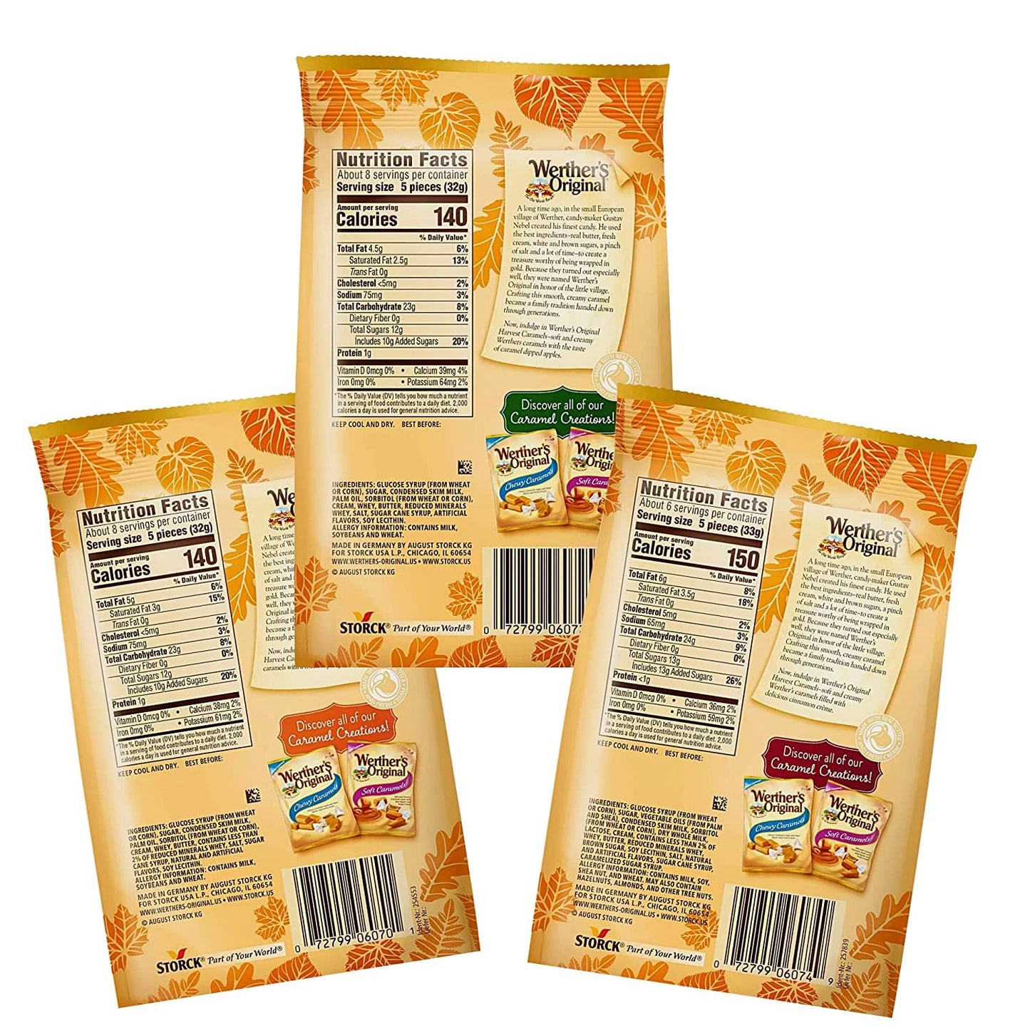 Putt Pantry Werther's Soft Caramels Special Edition Fall Bundle, Pumpkin Spice, Caramel Apple, Cinnamon Creme Holiday Caramels for Halloween Hay Rides Trick or Treating 8.57 oz each, Pack of 3
