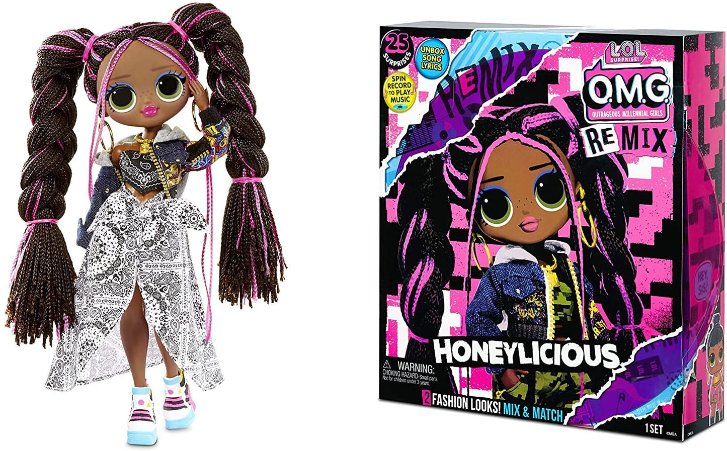 LOL Surprise OMG Remix Honeylicious Fashion Doll, Plays Music with 25 Surprises Including Shoes, Hair Brush, Doll Stand, Magazine, and Record Player Package - For Girls Ages 4+
