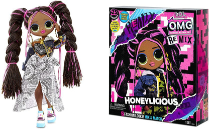LOL Surprise OMG Remix Honeylicious Fashion Doll, Plays Music with 25 Surprises Including Shoes, Hair Brush, Doll Stand, Magazine, and Record Player Package - For Girls Ages 4+