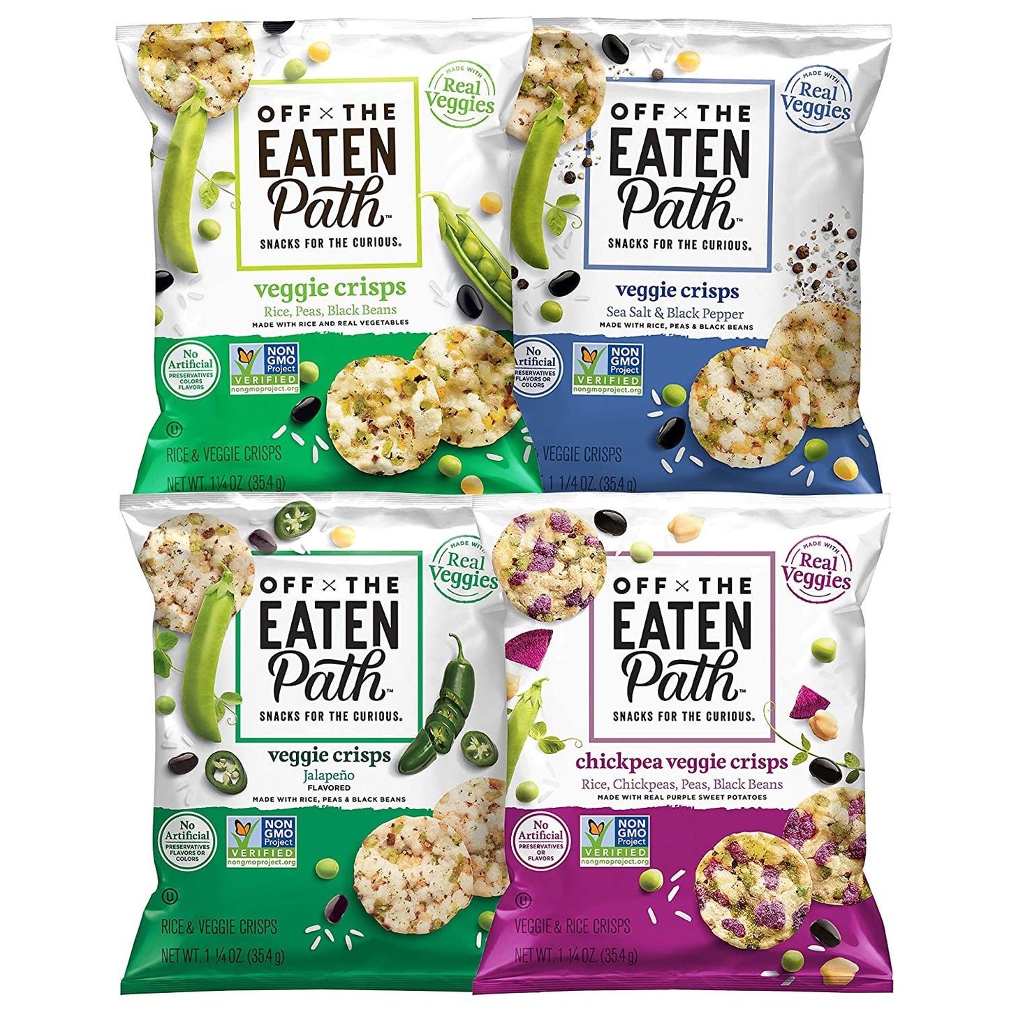 Off The Eaten Path 4 Flavor Sampler Veggie Crisps Variety Pack Gluten Free and made with real veggies, Jalepeno, Sea Salt and Pepper, Chickpeas and Black Beans, Rice, Peas and Black Beans, 6.25 Ounce Bags (Pack of 4)