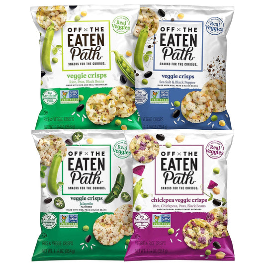 Off The Eaten Path 4 Flavor Sampler Veggie Crisps Variety Pack Gluten Free and made with real veggies, Jalepeno, Sea Salt and Pepper, Chickpeas and Black Beans, Rice, Peas and Black Beans, 6.25 Ounce Bags (Pack of 4)