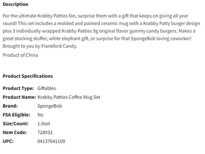 Spongebob Squarepants Krabby Patties Mug with 3 Krabby Patty Gummy Candies Novelty GIft