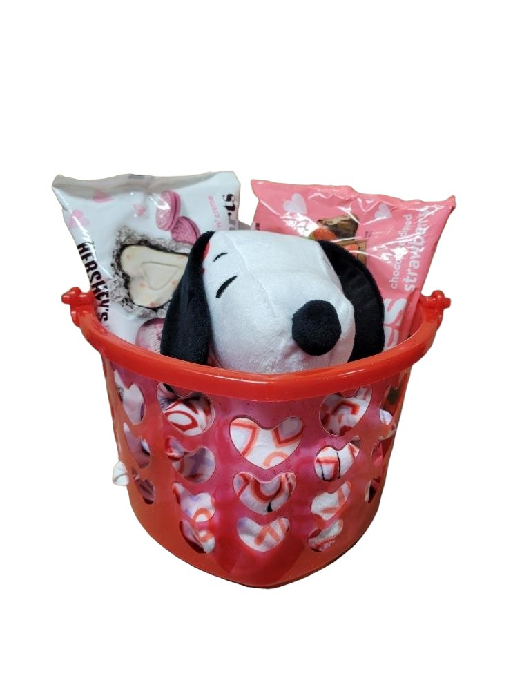 Valentines's Day Snoopy Bundle Basket. 1 plush Heart Snoopy, 1 9 oz bag Hershey's Chocolate Dipped Strawberry Kisses, 1 8.8 oz bag of Hershey's Pink Cookies N' Creme Hearts, with Heart Shaped Basket