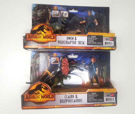 Jurassic World Dominion Action Figures Owen Claire Beta and Dilophosaurus, 4 figures with accessories