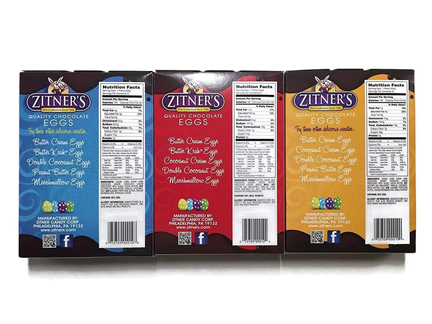 Zitner's Chocolate Eggs Variety Pack: Cocoanut Cream, Peanut Butter, Butter Krak, 8 Eggs, 3 Count 9 oz. Boxes, 1 box of Each Flavor
