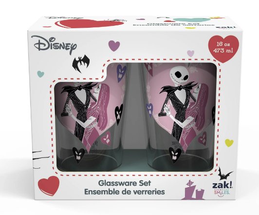 Zak Designs Glass Pint 16 oz Disney Nightmare Before Christmas Jack & Sally Tumblers, Set of 2