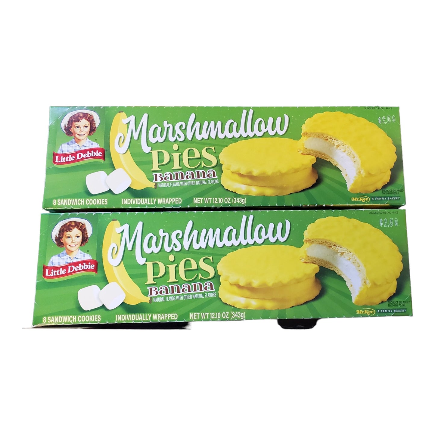 Little Debbie Banana Marshmallow Pies, 2 boxes 12.10 oz each, 8 sandwhich cookies each, 16 pies total